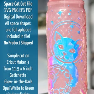 Vector art cut file design of Cat in bubble space helmet hugging astronaut surrounded by galaxy of stars shown on pink water bottle cut from gatichetta glow in the dark opal white to green vinyl. Listing is for Space Cat Cut File, Immediate download