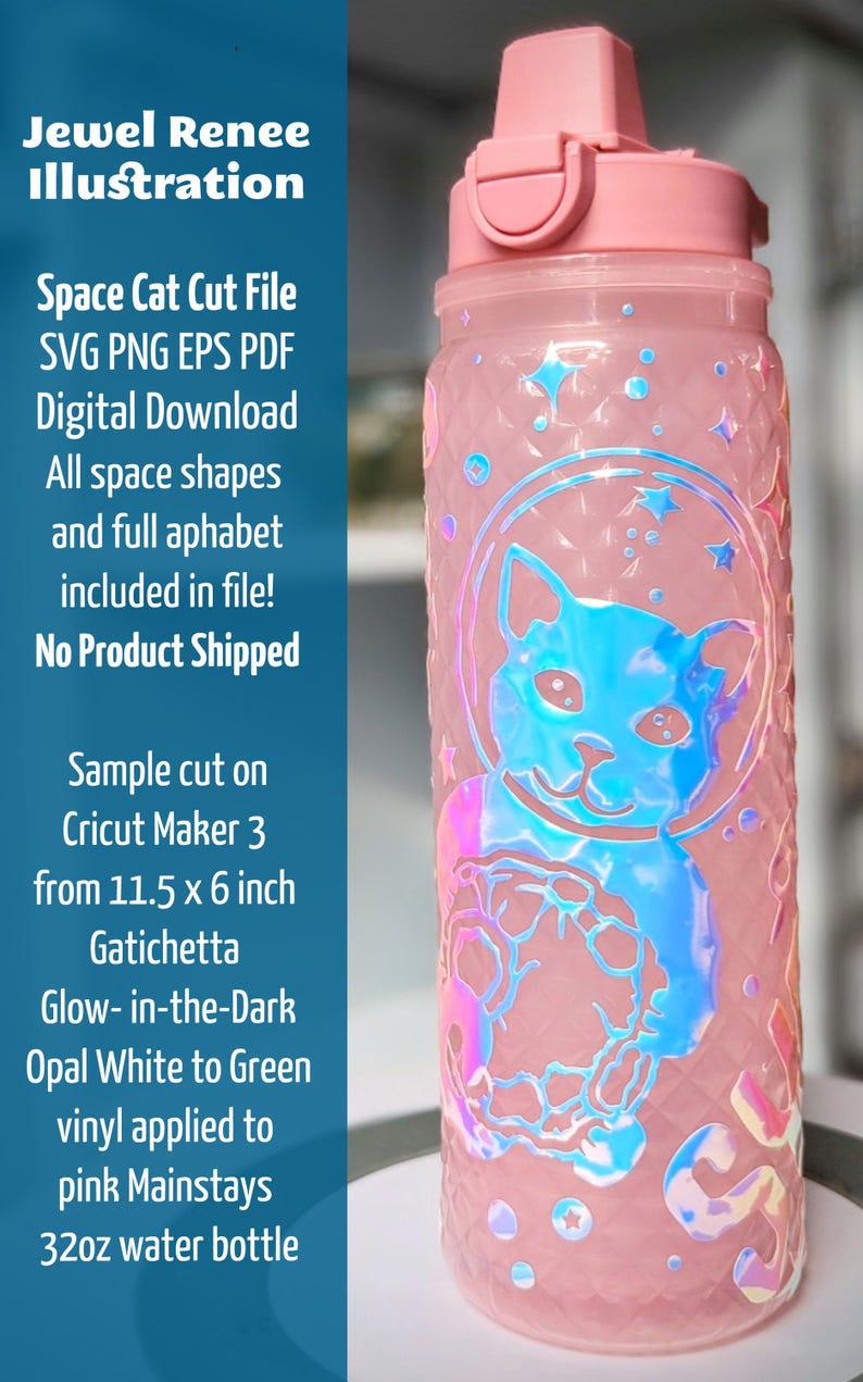 Vector art cut file design of Cat in bubble space helmet hugging astronaut surrounded by galaxy of stars shown on pink water bottle cut from gatichetta glow in the dark opal white to green vinyl. Listing is for Space Cat Cut File, Immediate download