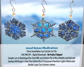 Sun Catcher Cut Designs: Three Snowflakes Ornaments SVG Bundle Cutting File Download