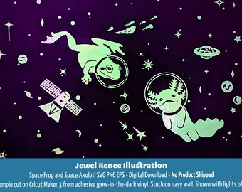 Space Animal Svg: Scena spaziale vettoriale di rane e astronauti Axolotl