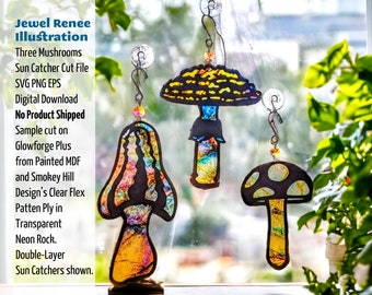 Diseños de corte de Sun Catcher: Descarga de archivos de corte de paquete SVG de tres adornos de hongos