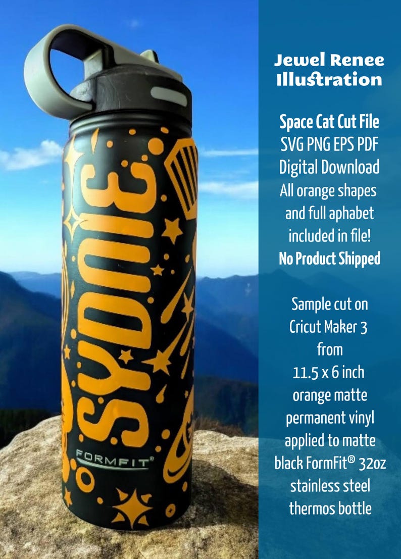 Vector art cut file design of the name Sydnie in the font "speedball" surrounded by galaxy of stars shown on black metal bottle cut from orange vinyl. Listing is for Space Cat Cut File, Immediate download