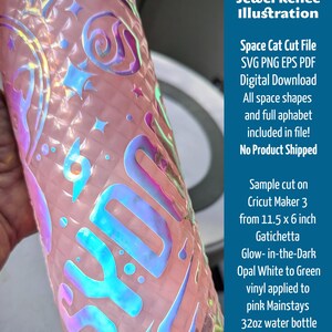 Vector art cut file design of Cat in bubble space helmet hugging astronaut surrounded by galaxy of stars shown on pink water bottle cut from gatichetta glow in the dark opal white to green vinyl. Listing is for Space Cat Cut File, Immediate download