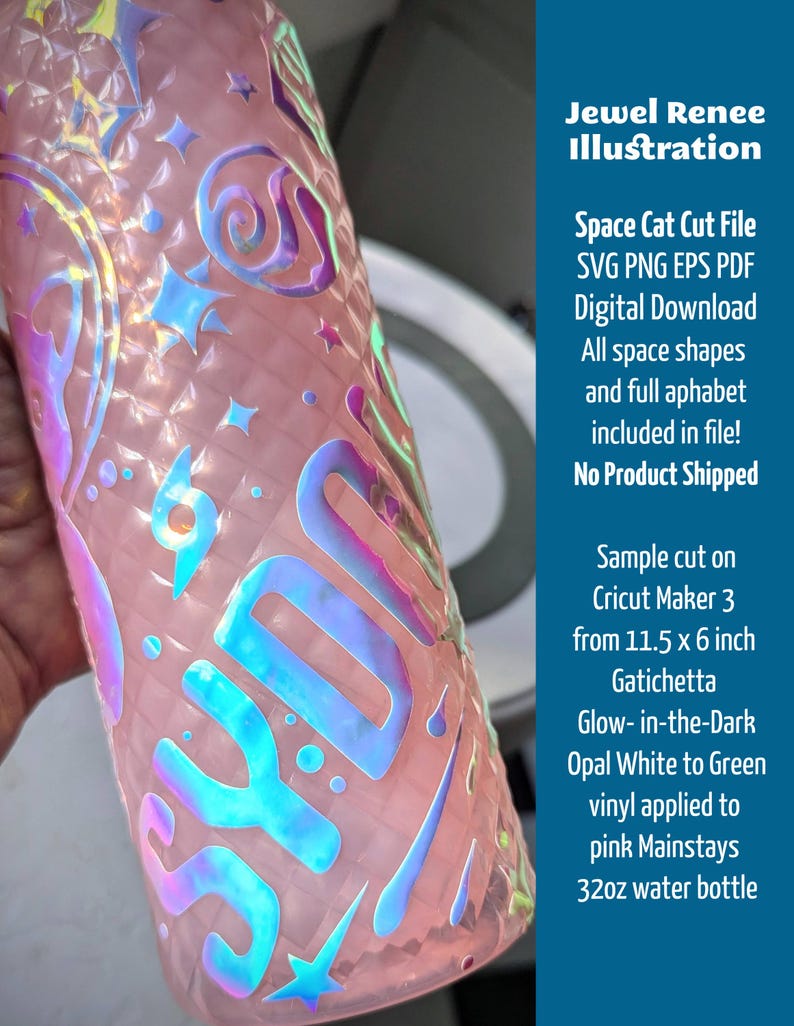Vector art cut file design of Cat in bubble space helmet hugging astronaut surrounded by galaxy of stars shown on pink water bottle cut from gatichetta glow in the dark opal white to green vinyl. Listing is for Space Cat Cut File, Immediate download