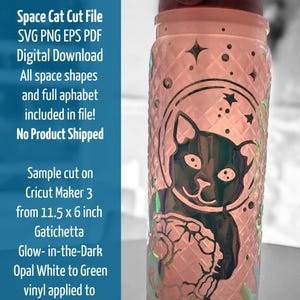 Vector art cut file design of Cat in bubble space helmet hugging astronaut surrounded by galaxy of stars shown on pink water bottle cut from gatichetta glow in the dark opal white to green vinyl. Listing is for Space Cat Cut File, Immediate download