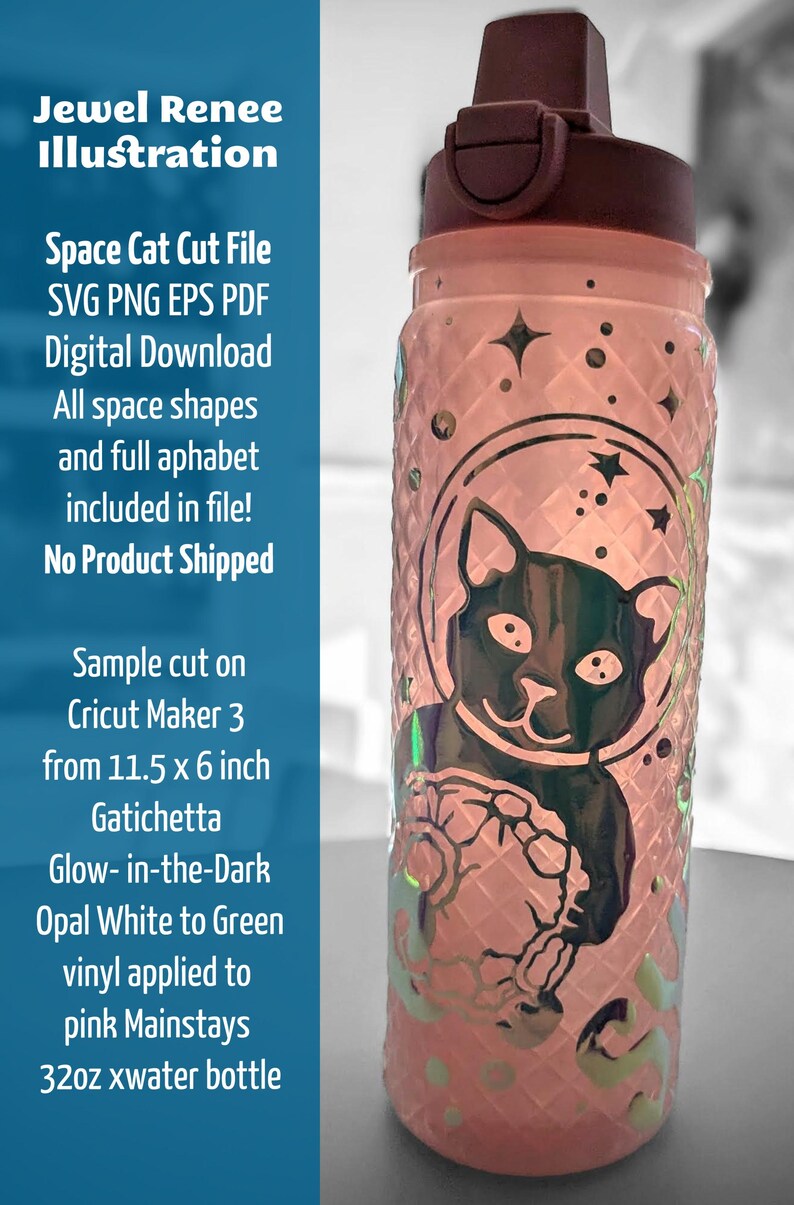 Vector art cut file design of Cat in bubble space helmet hugging astronaut surrounded by galaxy of stars shown on pink water bottle cut from gatichetta glow in the dark opal white to green vinyl. Listing is for Space Cat Cut File, Immediate download