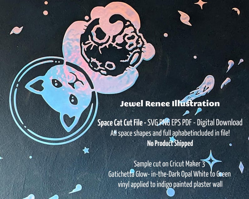 Vector art cut file design of Cat in bubble space helmet hugging astronaut surrounded by galaxy of stars. Cut from gatichetta glow-in-the-dark opal white to green vinyl. shown on dark blue painted wall.  Listing is for Cut File, Immediate download