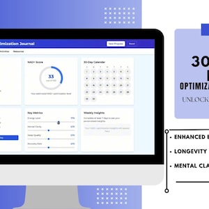 以下が含まれることがあります： 「30-Day NAD+ Optimization Journal」と表示されたコンピューターモニター。進捗状況トラッカー、カレンダー、主要指標が表示されています。このジャーナルは、エネルギーの向上、長寿、精神的な明晰さを約束します。背景は青と白です。
