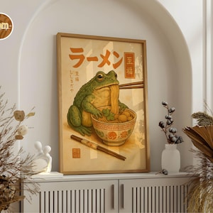 Japanese Frog Ramen Print | Ukiyo-e Style Toad Wall Art with Marble Texture,japanese matsumoto hoji frog set of 1 woodblock,Funny Animal Art
