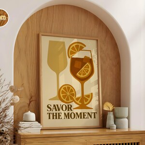 Savor the Momentのウォールアート、レトロなカクテルポスター、柑橘系ドリンクのプリント、バーカートの装飾、ミニマリストのデジタルダウンロード