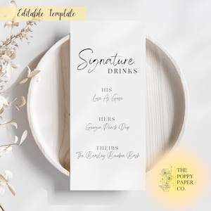 Modern Black and White Minimalist Signature Drinks Sign Template | Editable Bar Menu Design for DIY Wedding or Event Decor