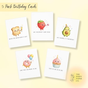 Birthday Card Set 5 Pack, Cute Food Pun Greeting Cards, Funny Illustrated Birthday Cards, Cheerful Food Characters