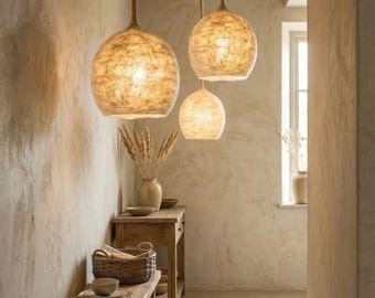 Suspension en Laine Fait Main – Abat-Jour Rond Naturel – Luminaire Cocooning LED – Décoration Bohème Minimaliste