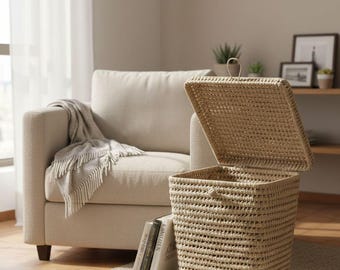 Baúl de almacenamiento de mimbre hecho a mano con tapa | Cesto de ropa sucia de fibra natural estilo bohemio | Organizador decorativo grande