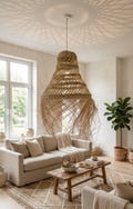Openwork Conical Pendant Light in Woven Palm Leaf – Natural Boho Lampshade – Handmade Artisan Lighting – Morocco