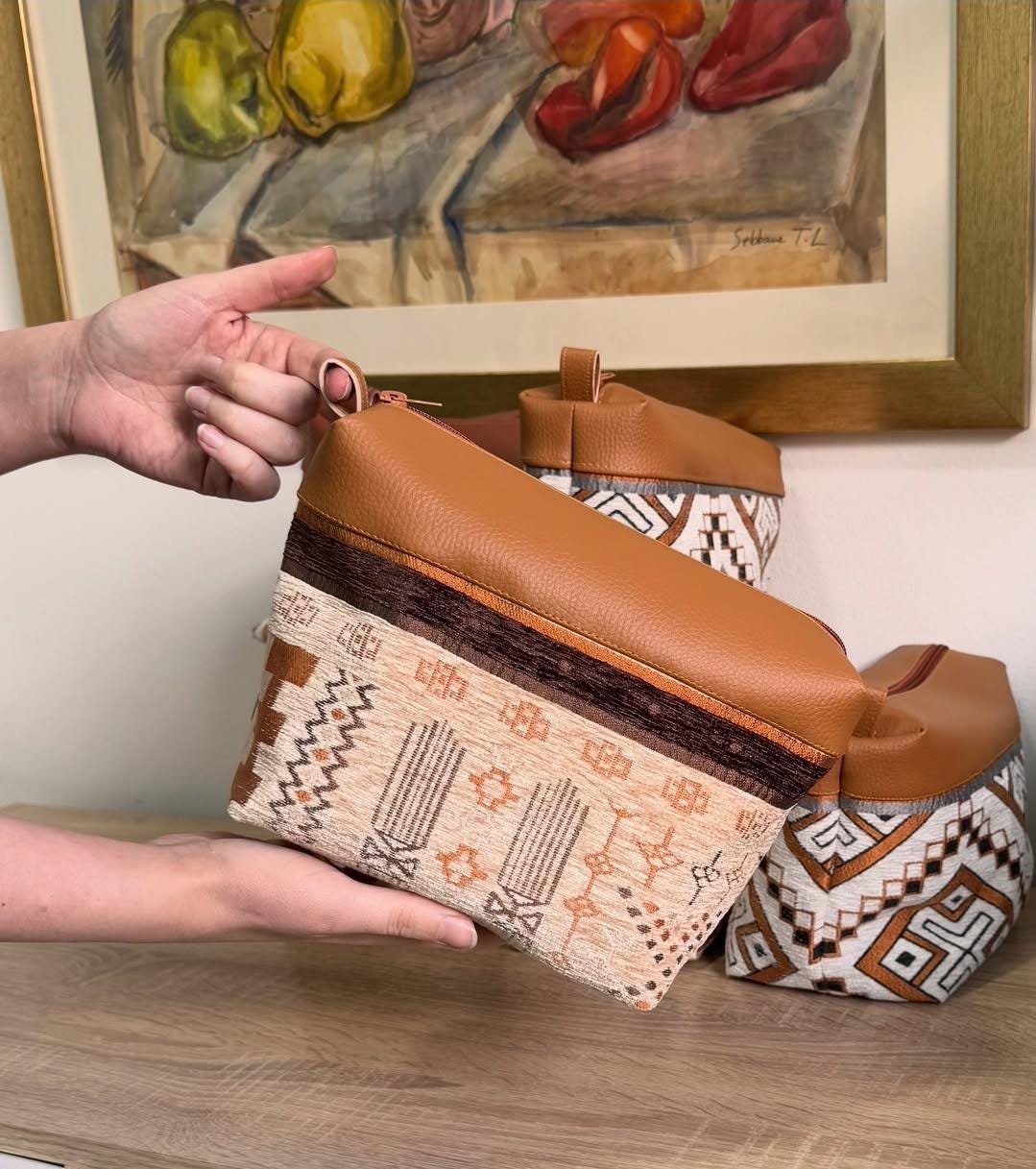 Pochette En Laine MZ Fairtrade - Motif Aztèque - 100% Laine - Sac Boho Avec Bracelet Cuir