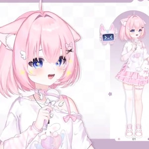 May include: An illustration of a pink-haired anime character with cat ears, blue eyes, and a white outfit. The character is holding a microphone and has a matching outfit on the right. The background is a light purple color.