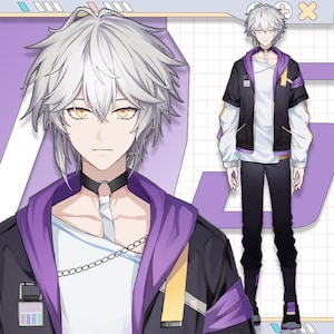 May include: Digital illustration of a character with white hair and yellow eyes, wearing a black jacket with purple accents, a white shirt, and black trousers. The character also wears a black choker and a silver chain. The background is a light purple colour.