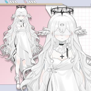 以下が含まれることがあります： 長い白髪、ハロー、天使の羽を持つキャラクターの2つのイラスト。キャラクターは、十字架のペンダントと眼帯が付いた白いドレスを着ています。背景は薄いピンクと白のグリッドです。