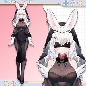 Puede incluir: Ilustración digital de un personaje con un vestido negro con detalles blancos, incluyendo una diadema de orejas de conejo y detalles de alas de ángel. El personaje tiene cabello blanco, ojos rojos y un collarín rojo.
