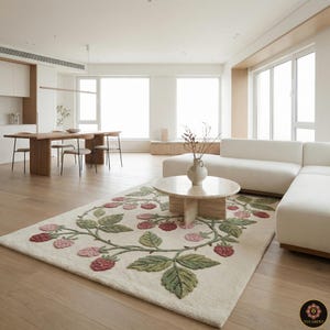 Hand-Tufted Raspberry Vine Rug • Pink Cottagecore Kitchen Mat & Runner • French Country Fruit Decor in Wool by YuCarpet