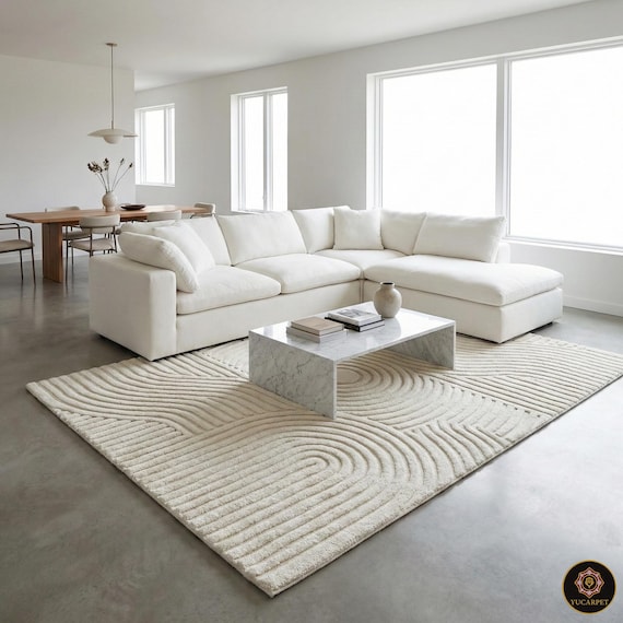 Japandi Rug Hand Tufted Wool, Zen Garden Area Rug, Raked Sand