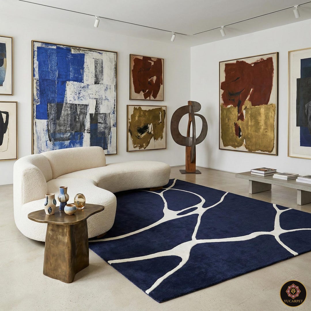 Navy Blue Abstract Rug, Hand Tufted Wool Modern Minimalist Area Rug ...