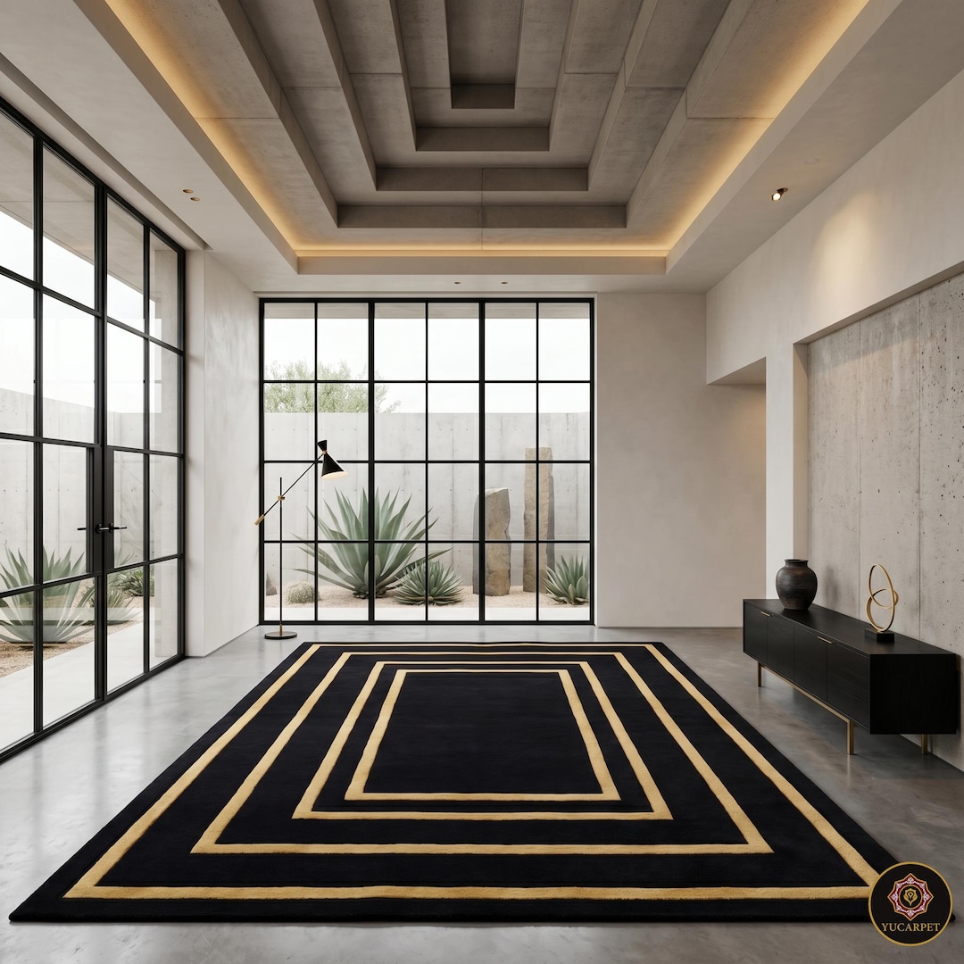 Deco Border Rug Art Deco Black & Gold Rug | Geometric Border Area Rug | Hand-tufted ...