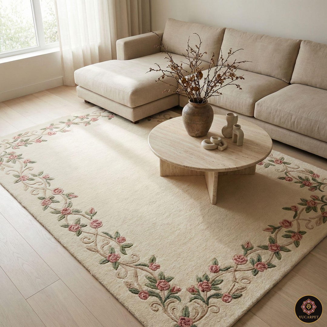 Images French Country Rugs French Country Rug Hand Tufted Wool, Cottagecore Floral Border, Vintage ...