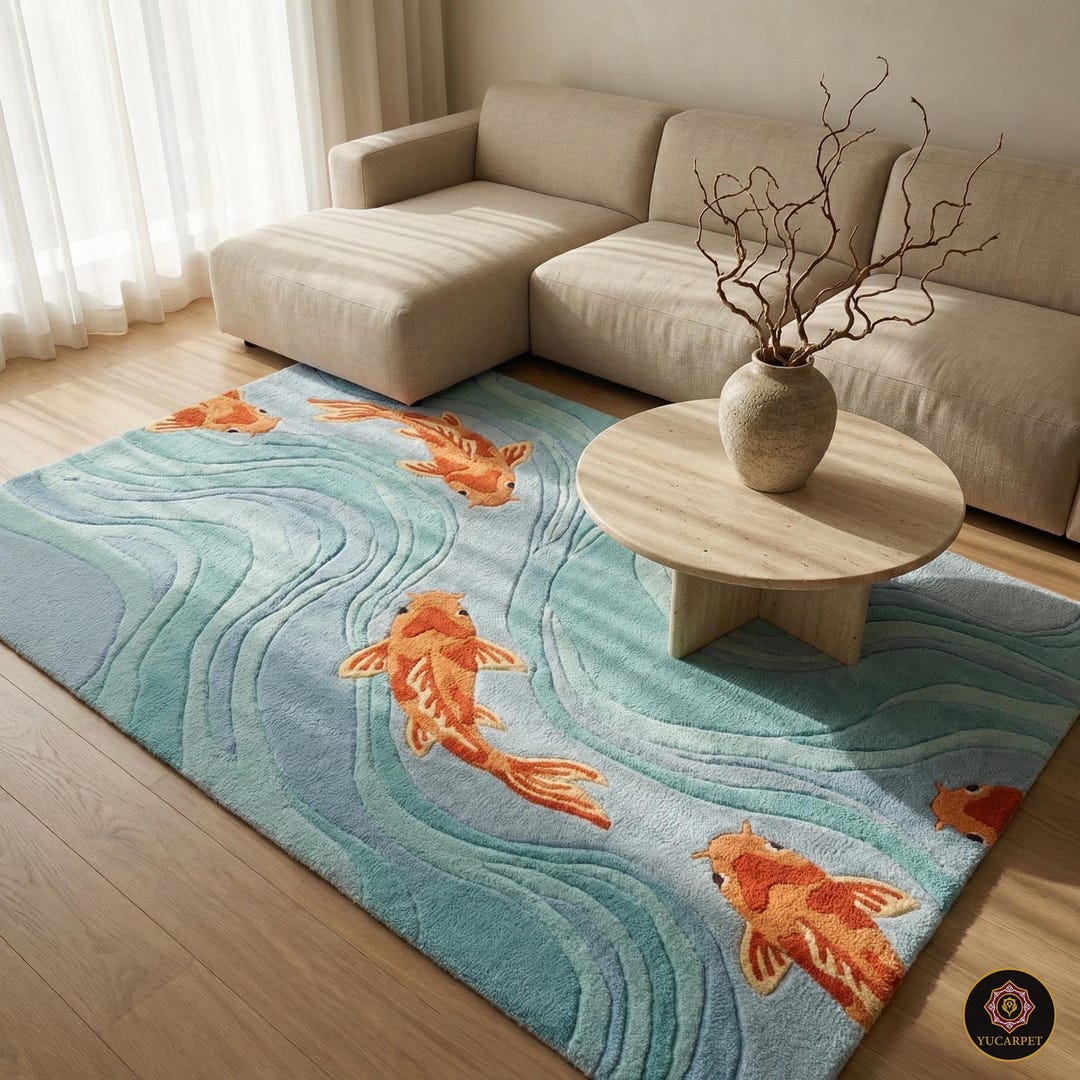 Koi Pond Rug Hand Tufted Wool, Japanese Zen Garden Mat, Japandi Room ...