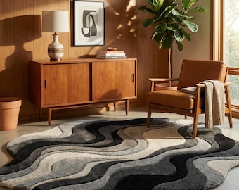 Organic Modern Rug Hand Tufted Wool, Japandi Area Rug, Grey Wavy Line Mat, Irregular Shape Carpet, YuCarpet, Topographical Floor Art, Luxe