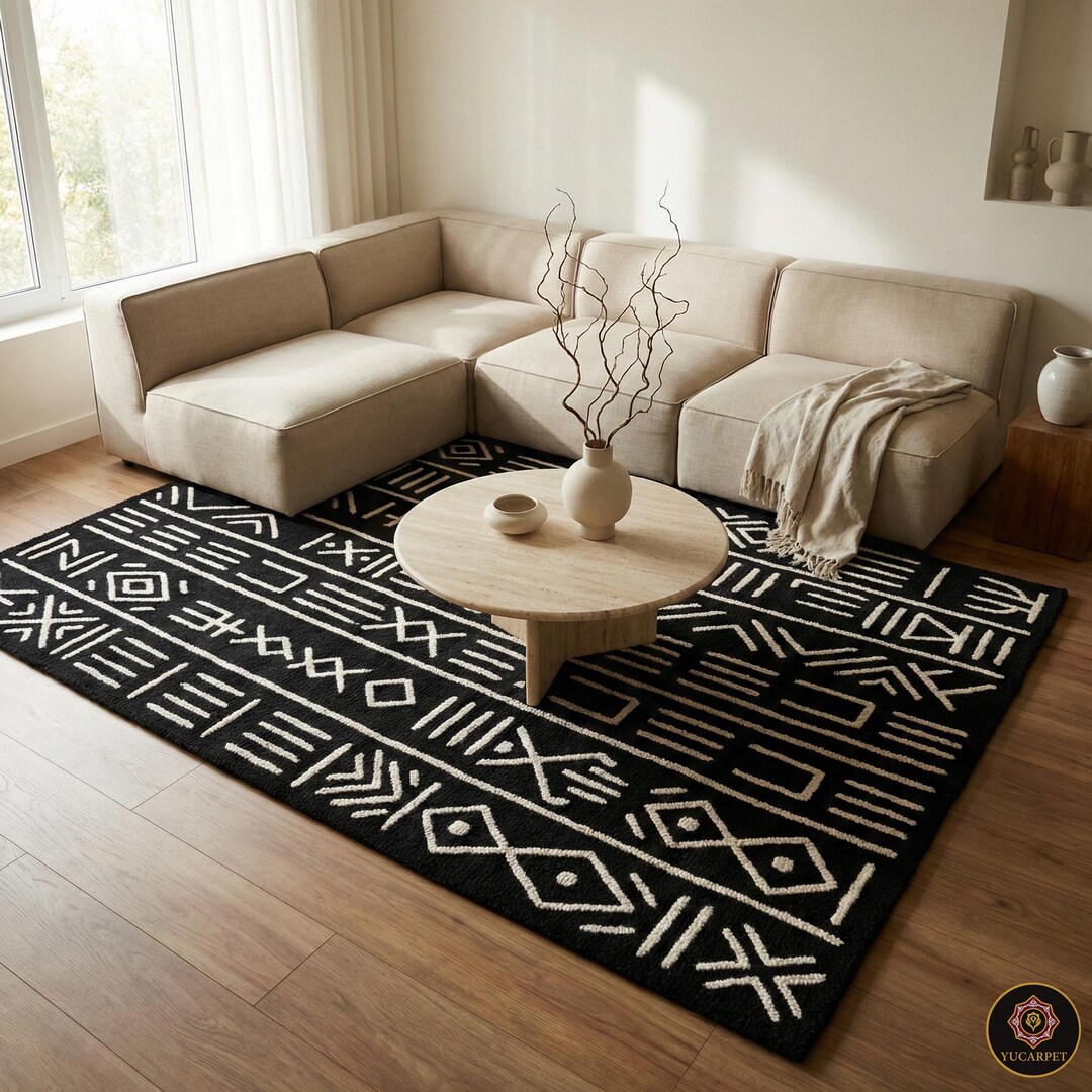 Mud Cloth Rug Hand Tufted Wool, African Tribal Area Rug, Boho Living ...