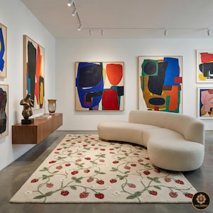 Jordgubbsmatta i ull, handtuftad, rumsinredning i Cottagecore, botanisk matta, vintage bondgårdsmatta, YuCarpet, söt fruktmatta