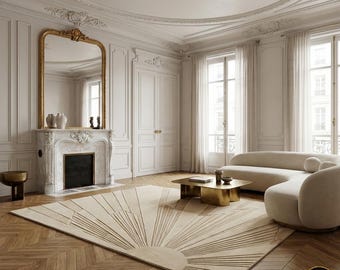 Neutral Beige Sunburst Rug, Hand Tufted Wool Sculpted Minimalist Area Rug, Modern Art Deco Luxury Carpet for Living Room Bedroom