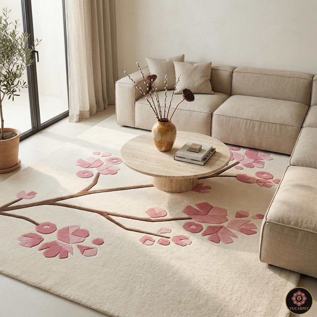 Hand Tufted Wool Cherry Blossom Rug, Coquette Pink Floral Decor - Etsy