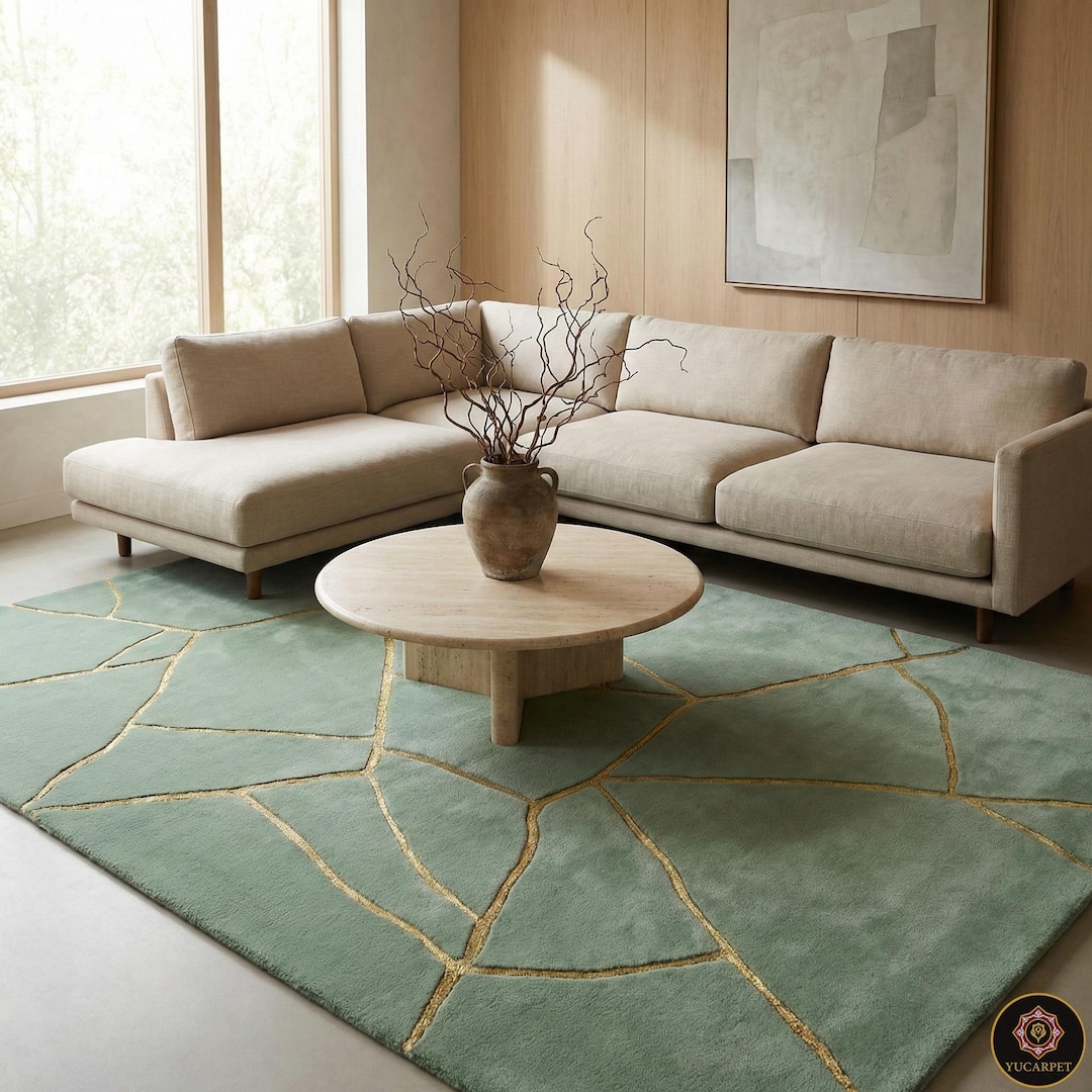 Kintsugi Rug Hand Tufted Wool, Wabi Sabi Decor, Japandi Area Rug, Sage ...
