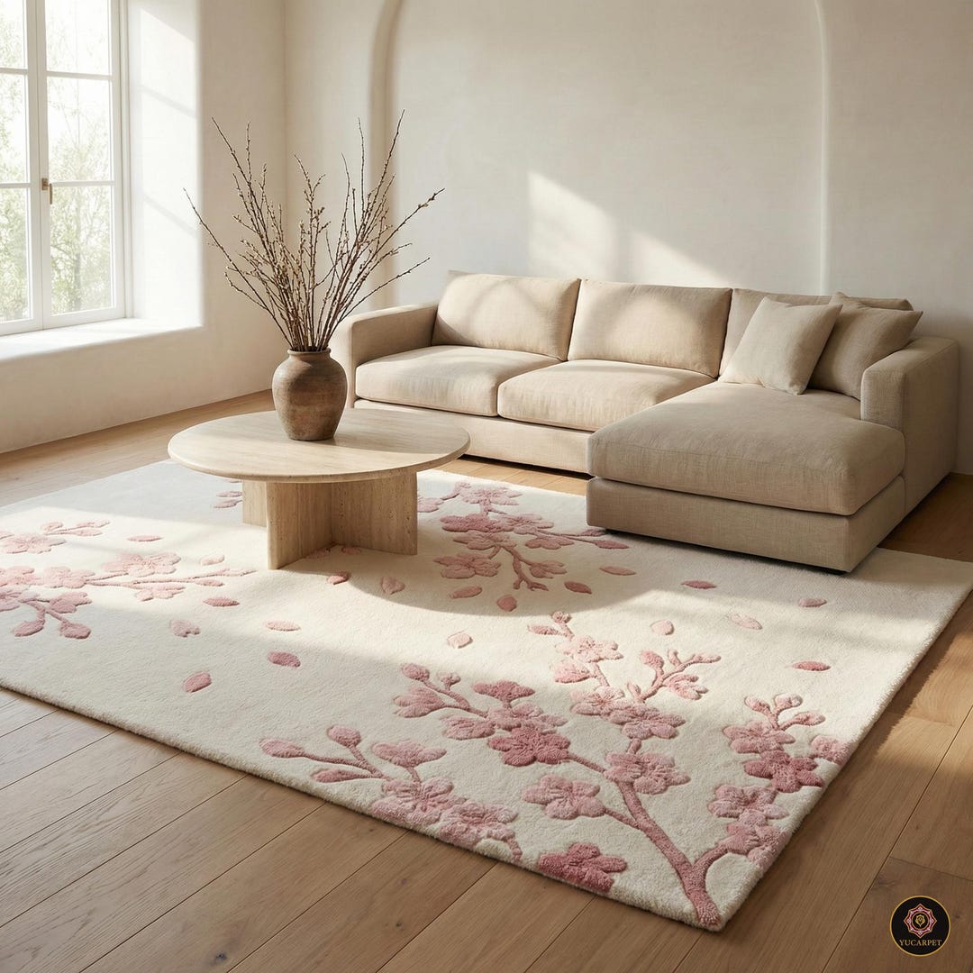 Coquette Rug Hand Tufted Wool Cherry Blossom Rug, Coquette Pink Floral Decor - Etsy