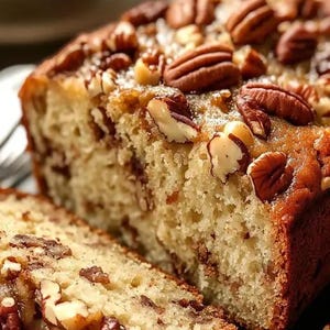 Puede incluir: Un pan de plátano con nueces de pecán en la parte superior, cortado por la mitad, mostrando el interior del pan. El pan es de color marrón claro y las nueces de pecán son de color marrón claro.