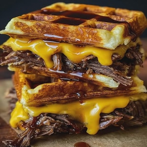 Könnte beinhalten: Ein Stapel herzhafter Waffeln mit geschmolzenem gelbem Käse und zerkleinertem Fleisch, beträufelt mit einer dunklen Sauce. Die Waffeln sind goldbraun und knusprig, mit einem quadratischen Gittermuster. Der Käse tropft an den Seiten herunter.
