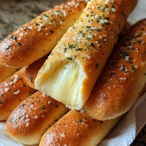 Op de afbeelding: Close-up van verschillende goudbruine breadsticks, bestrooid met kruiden en grof zout. Eén breadstick is opengebroken en onthult een gesmolten, kazige binnenkant. De breadsticks zijn gerangschikt op een wit bord, wat duidt op een snack of voorgerecht.