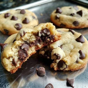 Op de afbeelding: Close-up van verschillende versgebakken chocolate chip cookies. Eén koekje is doormidden gebroken en onthult een zacht, met chocolade gevuld interieur. De koekjes zijn goudbruin met donkere chocolade chips.