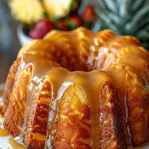 May include: A golden-brown bundt cake with a caramel glaze, presented on a white plate. The cake has a textured surface and is drizzled with a glossy caramel sauce. Slices of pineapple and strawberries are visible in the background, suggesting a tropical theme.