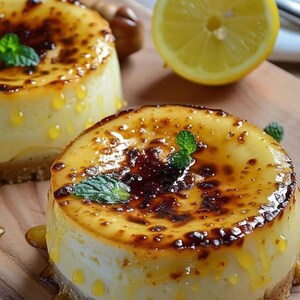 Puede incluir: Dos pequeños cheesecakes de limón con una cobertura de azúcar caramelizada y una ramita de menta en la parte superior. Los cheesecakes están sobre una superficie de madera con una rodaja de limón en el fondo.