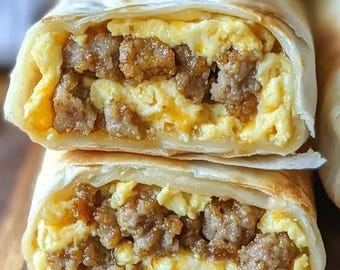 May include: Two breakfast burritos filled with scrambled eggs, sausage, and cheese. The burritos are cut in half and the filling is visible.