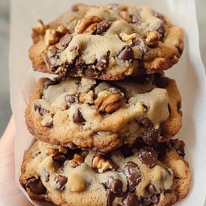 May include: A stack of three chocolate chip cookies with pecans. The cookies are golden brown and have a crispy texture.