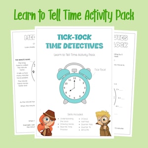 Pode incluir: Um "Pacote de Atividades Aprender a Dizer as Horas" com o título "Tick-Tock Time Detectives". A capa apresenta uma ilustração de um despertador azul claro. O pacote inclui atividades para entender o relógio, desenhar ponteiros e praticar a hora real.