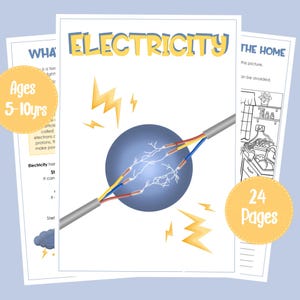 May include: Educational workbook titled "Electricity" for ages 5-10. The cover features a blue sphere with lightning bolts and a cut cable. Additional pages show illustrations and the text "24 Pages".