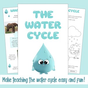 Op de afbeelding: Een printbare educatieve bron om kinderen over de waterkringloop te leren. De illustratie toont een cartoon waterdruppel met een glimlachend gezicht en de tekst "De waterkringloop".