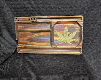 Solid wood herb rolling tray with resin inlay.
