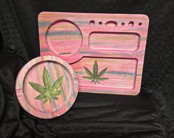 Solid wood herb rolling tray and ashtray set with resin inlay. Pink!